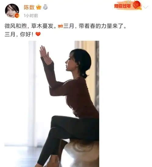  44岁陈数晒瑜伽照身材曼妙四肢纤细状态太好