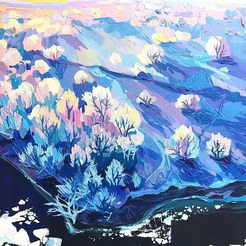  绘画我们在梦幻的蓝色树林中相遇