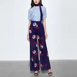  2018夏装新款欧美时尚简约碎花短袖衬衣显瘦气质阔腿裤套装