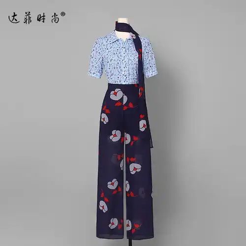  2018夏装新款欧美时尚简约碎花短袖衬衣显瘦气质阔腿裤套装