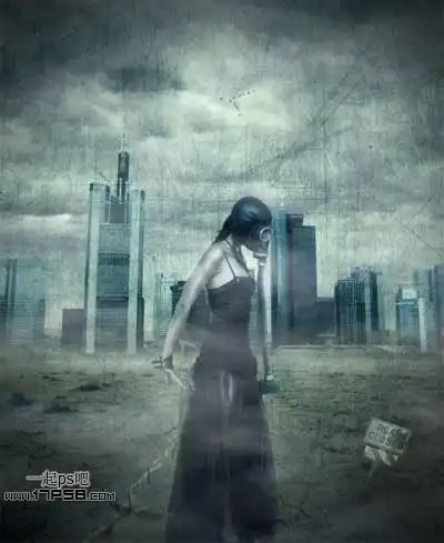  ps制作破败城市中带震慑面罩的美女场景