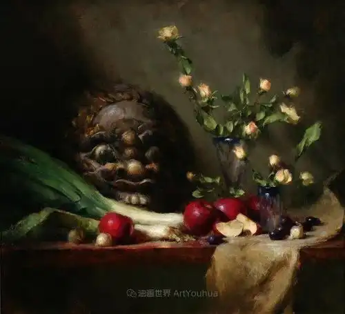  美国画家大卫里德尔的静物油画作品有节奏的色彩,扎实的构图功底