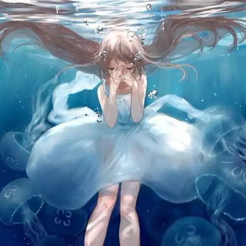  蓝色动漫头像女生可爱水底的美少女,长发飘在水上