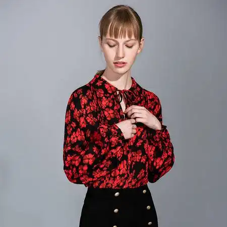  施悦名2019早春新款欧美桑蚕丝上衣短款娃娃领印花真丝长袖女士衬衫图片大全邮乐官方网站
