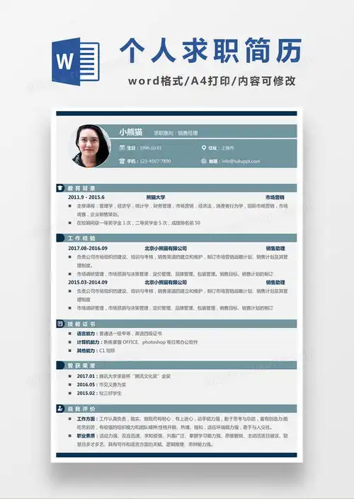  极简风销售经理求职简历个人简历简历简历word模板下载熊猫办公
