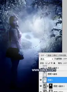  photoshop打造梦幻的冬季青蓝色树林人物图片