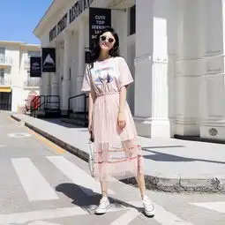  潮流时尚两件套连衣裙短袖t恤裙印花女生网纱大摆裙2018夏季裙子图片大全邮乐官方网站