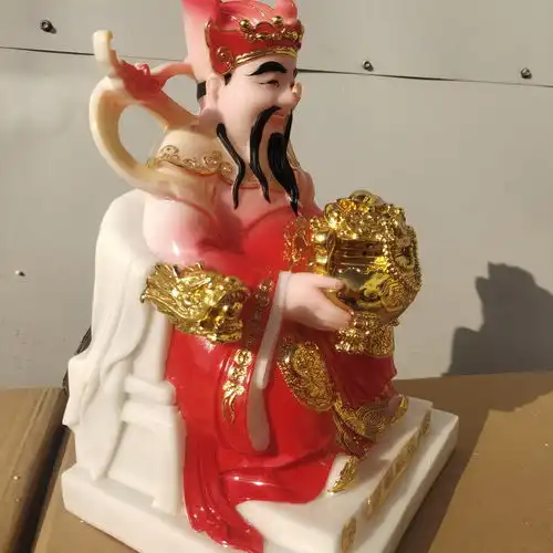  汉白玉彩绘聚宝盆财神爷居家店铺办公招财文财神爷摆件