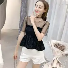  实拍现货2019夏新品甜美网纱拼接波点超仙气短袖雪纺衫上衣女