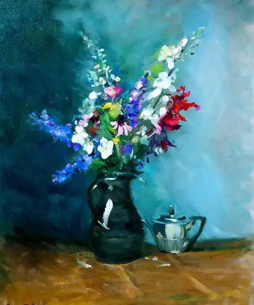  一组色彩丰富栩栩如生的花卉静物油画︱英国画家乔治布鲁斯绘画