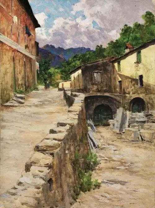  乡村风景油画,意大利画家阿道夫托马西作品