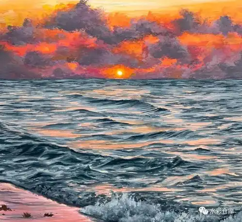  水彩丙烯海水在黄昏遇上了日光mays风景绘画