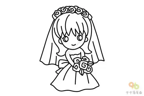  手捧鲜花的小女孩简笔画
