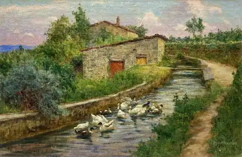  乡村风景油画,意大利画家阿道夫托马西作品