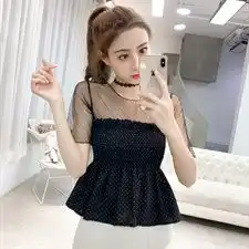  实拍现货2019夏新品甜美网纱拼接波点超仙气短袖雪纺衫上衣女
