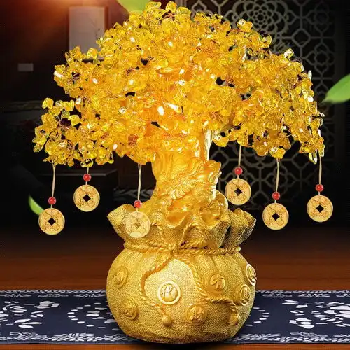  黄水晶发财树酒柜装饰品摆件家居客厅电视柜摆设创意小招财摇钱树
