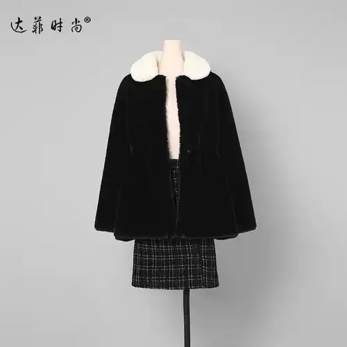  2018冬装新款欧美时尚撞色拼接娃娃领皮草外套小香风短款半裙