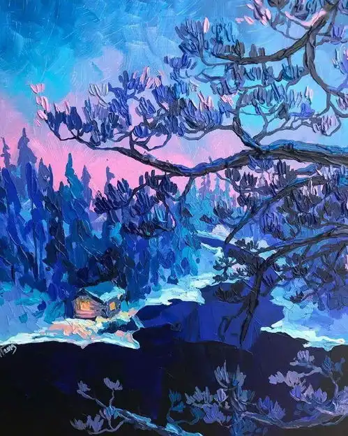  绘画我们在梦幻的蓝色树林中相遇
