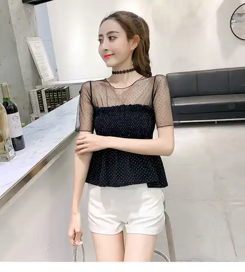  实拍现货2019夏新品甜美网纱拼接波点超仙气短袖雪纺衫上衣女